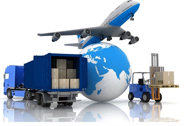 airliner with a globe and autoloader with boxes in a container